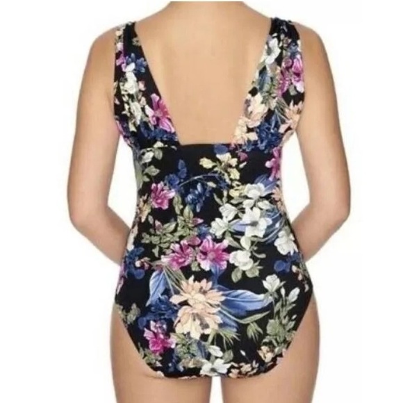 Time and Tru Black Floral One Piece Full Coverage Deep Dive Swim Suit Medium - Picture 2 of 5
